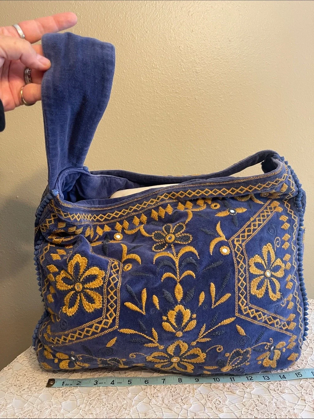 Free People, Embroidered Floral Velvet Shoulder Bag - Royal Purple and Mustard